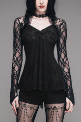 T-shirt gothique pour femmes noir sexy à col en V en maille avec manches longues et dentelle rose